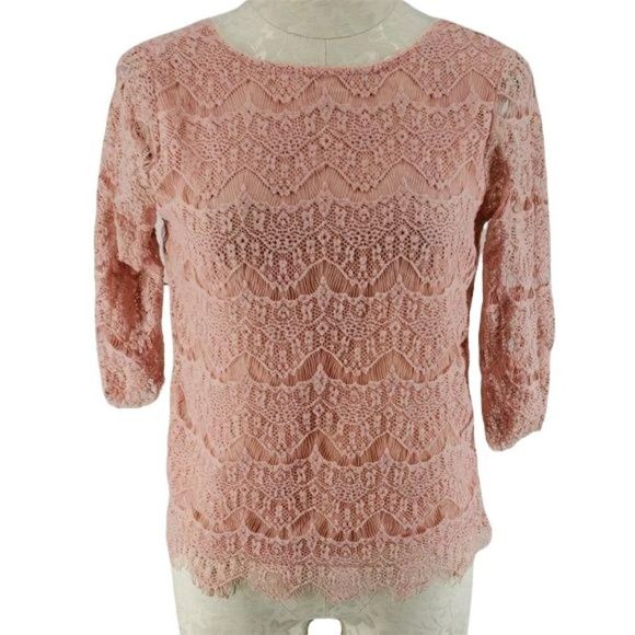 august silk Tops - August silk small‎ pink lace back zipper  3/4 sleeve scoop neck blouse